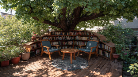 A serene reading nook featuring two chairs and a wooden table nestled under a large leafy tree, surrounded by bookshelves, ideal for relaxing and enjoying literature outdoors.の素材