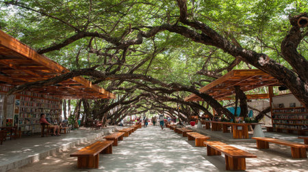 A serene outdoor library space framed by towering trees, offering a unique environment for reading and community gatherings amidst natureの素材
