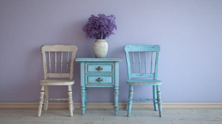 A cozy setting featuring rustic furniture with vintage chairs and a beautiful vase of flowers against a calming purple wall, perfect for stylish home decor inspiration.の素材