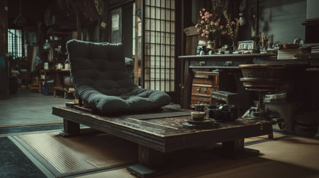 A beautifully arranged interior space featuring a modern floor chair, wooden elements, and traditional decor, inviting relaxation and inspiration in a tranquil setting.の素材