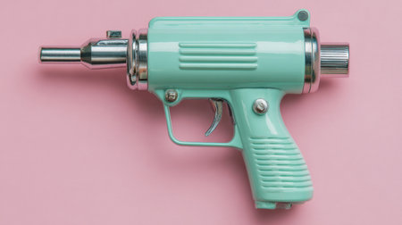 A stylish retro mint green toy gun is showcased against a soft pink background, making it perfect for playful photography and creative projects that need a whimsical touch.の素材