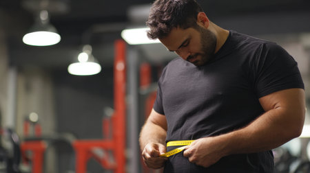 A focused man measures his waist with a tape in a gym, emphasizing his commitment to fitness, health, and personal transformation through exercise and healthy routines.の素材