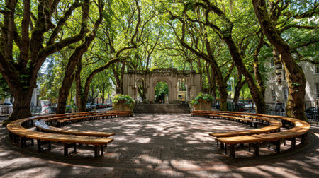 A stunning outdoor stage nestled in a vibrant park, framed by majestic trees, providing an inviting space for community gatherings and performances amid nature's beauty.の素材