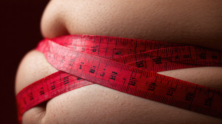 A striking image showcasing a waist wrapped in a vibrant red measuring tape. This powerful visual evokes conversations around body image and personal health journeys.の素材