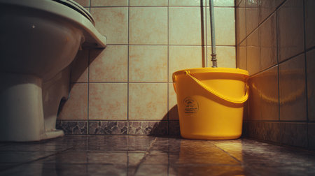 A close-up view of a yellow plastic bucket positioned in the corner of a restroom next to a white toilet, emphasizing the interplay of light and reflections on the tiled surface.の素材
