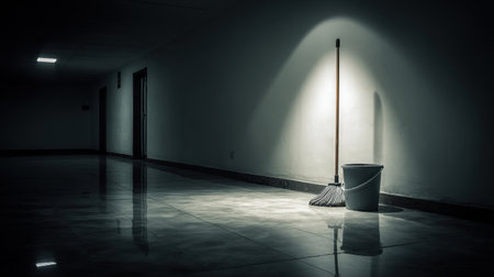A hauntingly dark hallway showcases a broom and bucket, illuminated by a single light source. The image evokes feelings of neglect, silence, and abandonment in an intriguing setting.の素材