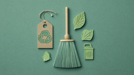Vibrant eco-friendly cleaning accessories arranged on a green background, highlighting sustainable practices with leaves, a recyclable tag, and a dustpan for an environmentally conscious lifestyle.の素材