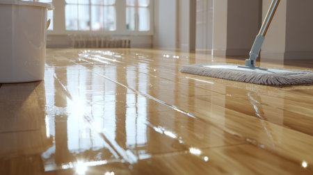 A beautiful interior shot of a modern living room featuring a shiny hardwood floor being cleaned with a mop and bucket, emphasizing cleanliness and bright sunlight.の素材