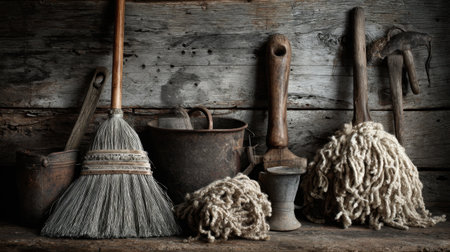 A collection of vintage cleaning tools displayed artfully against a rustic wooden backdrop, showcasing texture, history, and the charm of traditional home care equipment.の素材