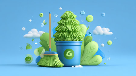A playful and vibrant illustration of a green tree made of cleaning tools, set against a bright blue background. Ideal for eco-friendly themes and creative sustainability initiatives.の素材