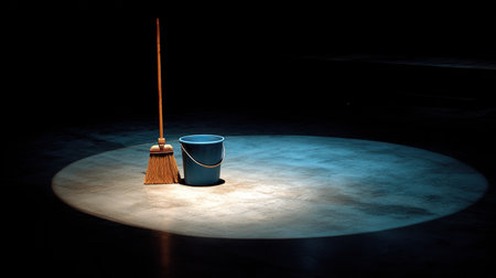 A solitary broom and blue bucket are illuminated in a striking spotlight against a dark backdrop, creating a powerful visual statement on cleaning and maintenance.の素材