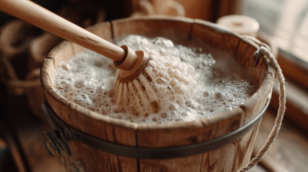 A wooden brush immersed in a bubbling wooden bucket filled with soap bubbles, creating a serene and rustic atmosphere for home cleaning and relaxation.の素材