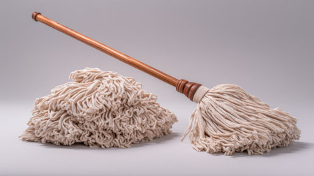 A soft white mop leans against a textured pile of mop head textile on a gray background, perfect for illustrating cleaning tasks, home care, and hygiene essentials in a minimalistic style.の素材