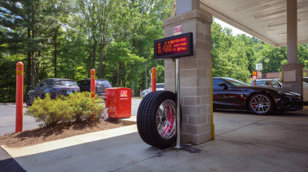 Captured in a vibrant gas station, this image features fuel prices on display with stylish sports cars, surrounded by lush greenery in a modern setting.の素材