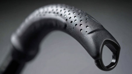 This image showcases a close-up of a textured grip handle designed for sports equipment, highlighting its ergonomic shape and innovative patterns for enhanced comfort and control.の素材
