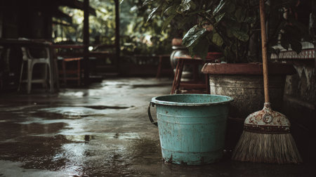 A tranquil indoor setting featuring a wet floor, vintage blue bucket, and wooden broom, capturing a serene and cozy atmosphere full of charm and simplicity.の素材