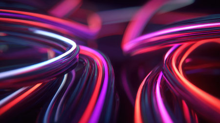 Colorful neon light trails create an abstract and vibrant visual, perfect for technology themes or creative projects, evoking energy and movement in a striking digital environment.の素材
