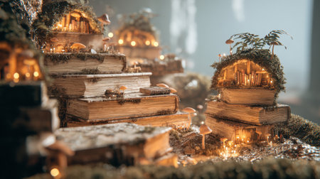 Discover a captivating miniature village crafted from old books, adorned with glowing lights and mushrooms, creating a serene and magical atmosphere perfect for any fantasy lover.の素材