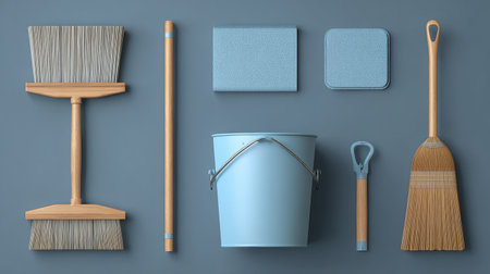 A minimalist flat lay image showcasing essential cleaning equipment on a gray background, perfect for household or commercial cleaning themes and visual projects.の素材