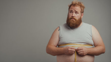 A thoughtful man measuring his waist with a tape measure, reflecting on his weight loss journey while exhibiting determination and a focus on personal health and fitness.の素材