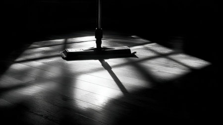 A striking black and white image capturing a mop on a polished floor, showcasing dramatic light and shadow interplay that highlights the beauty of everyday cleaning.の素材