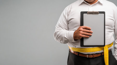 A professional man stands indoors, holding a clipboard with no information while measuring his waist with a tape measure, illustrating themes of health, fitness, and personal assessment.の素材