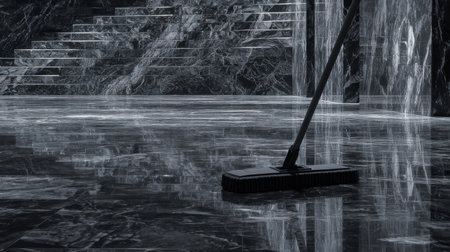 A stunning minimalist scene showcasing a mop on polished marble flooring, highlighting the elegance of reflections and textures in a modern space.の素材