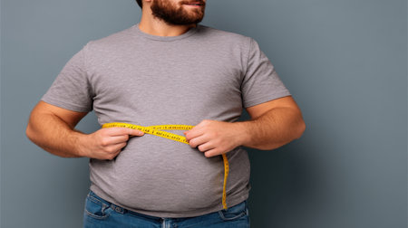 A man confidently measuring his waistline with a tape measure, symbolizing the ongoing health journey and commitment to self-care and body positivity in modern life.の素材