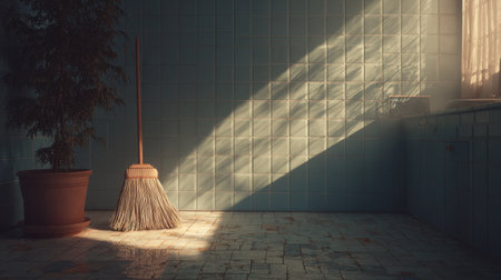 A tranquil interior scene with a broom and a vibrant plant, illuminated by gentle sunlight, creating a serene and inviting atmosphere in a clean space.の素材