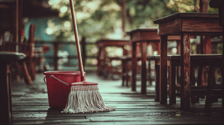 A serene scene featuring a mop and bucket positioned on a wooden floor, surrounded by empty outdoor tables and chairs, highlighting the importance of cleanliness and care in a natural setting.の素材