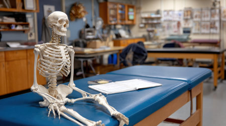 The image features a life-sized anatomical skeleton model on a medical table, set in a classroom. It illustrates a learning environment suitable for healthcare education and anatomy studies.の素材