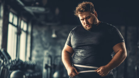 A determined man focuses on his fitness journey as he measures his waist size in a modern gym environment, showcasing dedication to health and self-improvement.の素材