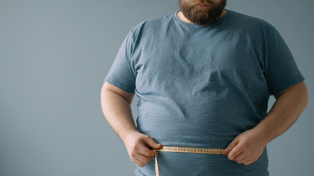 A man in a blue t-shirt measures his waist with a tape measure, reflecting themes of body positivity, health, and personal growth in a serene setting.の素材