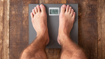 A man measures his weight on a digital scale at home, standing on a wooden floor. This image captures the essence of health, wellness, and personal fitness journeys.の素材