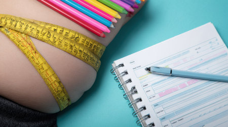 A vibrant arrangement of colorful stationery items, featuring pens, pencils, and a measuring tape, presented artfully on a turquoise surface with a notepad.の素材
