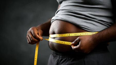 A man is taking his waist measurement with a tape, emphasizing health and fitness goals while promoting body positivity and self-care in a personal wellness journey.の素材