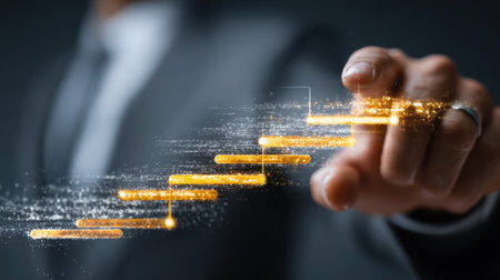 A business professional seamlessly interacts with a digital graph showcasing progress bars, symbolizing growth and opportunities in today's evolving economy.の素材