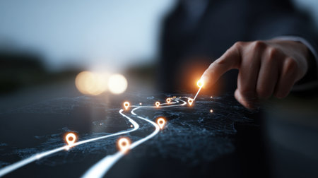 A businessman interacts with a digital map, selecting location pins to plan routes and navigate efficiently, showcasing modern technology in an urban environment.の素材
