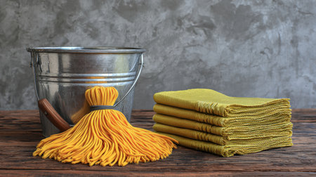 A vibrant yellow mop sits alongside a metal bucket and folded microfiber cloths on a rustic wooden surface, perfect for showcasing cleaning tools in a stylish setting.の素材