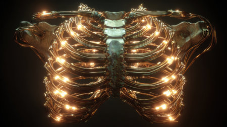 This striking image showcases an illuminated ribcage made of wires, juxtaposing natural forms with modern artistry, creating a thought-provoking visual statement.の素材