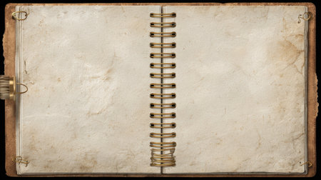 This image features an empty vintage notebook page with a spiral binding, showcasing a textured background and aged paper, perfect for writing, journaling, or creative projects.の素材