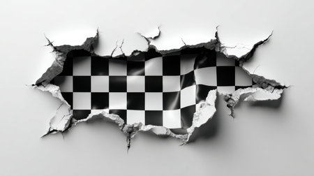 A creative image showcasing a cracked wall revealing a striking checkered pattern. The black and white design adds depth and texture, perfect for various artistic themes.の素材