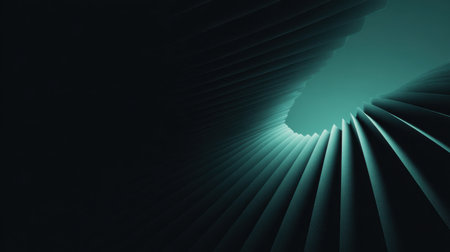 Stunning abstract design showcasing a spiral structure illuminated by teal light, creating an intriguing sense of depth and movement that captivates the viewer's attention.の素材