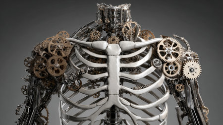A captivating representation of the human anatomy blended with intricate metal gears, showcasing a unique fusion of technology and biological artistry in a striking sculpture.の素材