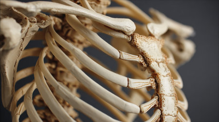 Close-up view of the human ribcage and spine, showcasing bone structure and joint connections, ideal for education and scientific research.の素材