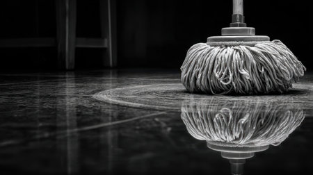 Detailed close-up view of a cleaning mop on a shiny floor, showcasing the reflection effect in monochrome, highlighting the importance of cleanliness in domestic spaces.の素材