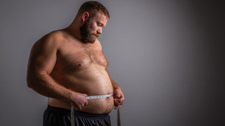 A contemplative man measures his waistline with a tape measure, symbolizing personal health goals, fitness awareness, and self-reflection in a clean, studio setting.の素材