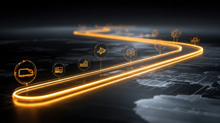 Visual depiction of a glowing transportation route featuring various icons representing logistics and delivery systems, highlighting advancements in global trade and technology.の素材