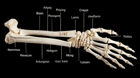Explore a detailed illustration of a human hand skeleton with labeled bones, perfect for education in anatomy, biology, and healthcare studies. Ideal for academic use.の素材