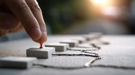 A close-up image featuring a hand placing a red pin on a white square, symbolizing the mapping of ideas and milestones in a creative and organized manner.の素材